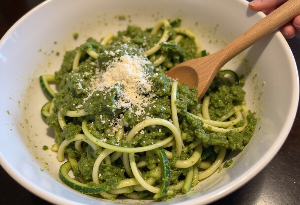 Mezcla de pesto ligero con zoodles de calabacín en un tazón para una receta saludable.