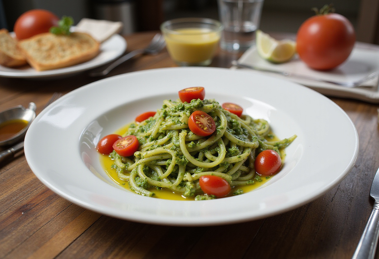 Zoodles de calabacín con pesto ligero servidos con tomates cherry para una cena saludable.