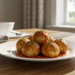 Albóndigas de pollo al horno doradas y jugosas, listas para servir en la mesa.