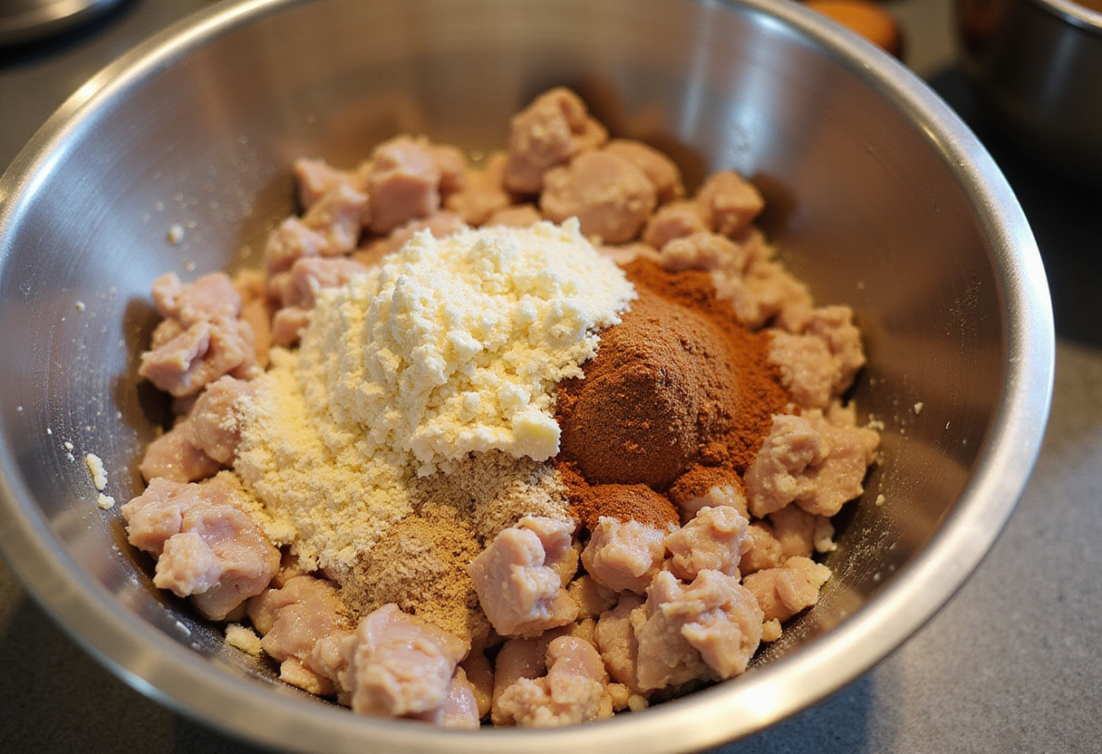 Preparando la mezcla de albóndigas de pollo al horno en un tazón grande.