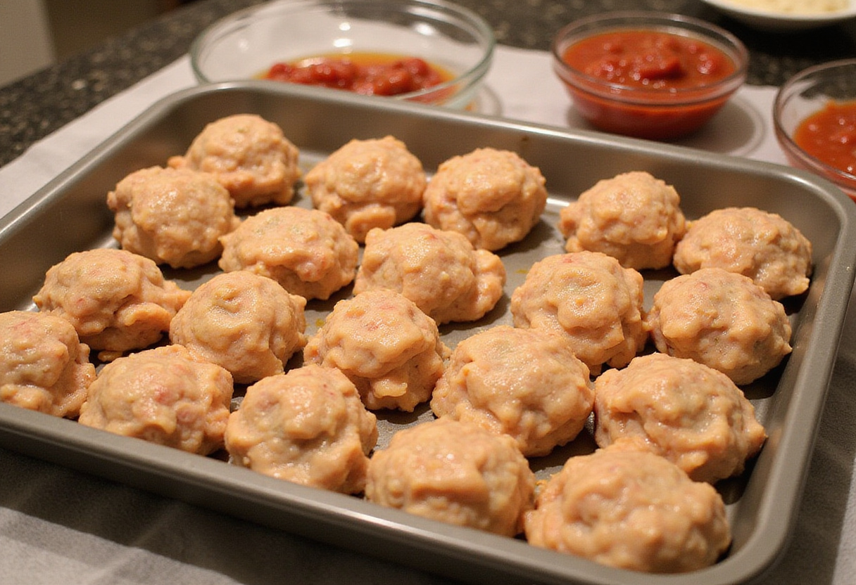 Albóndigas de pollo al horno crudas listas para cocinar con salsa marinara al lado.