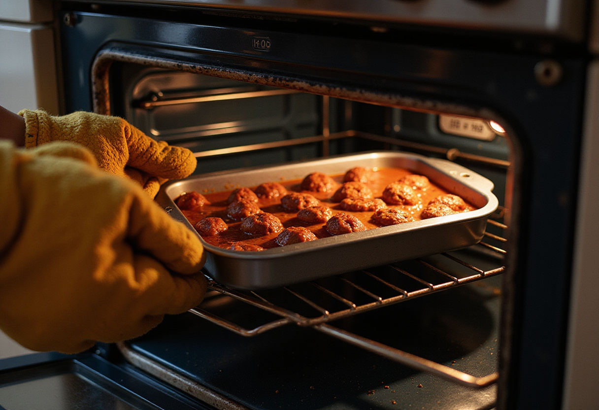 Colocando la bandeja de albóndigas de pollo al horno en el horno precalentado.