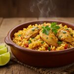 Cazuela de pollo y arroz terminada, lista para disfrutar en la mesa.