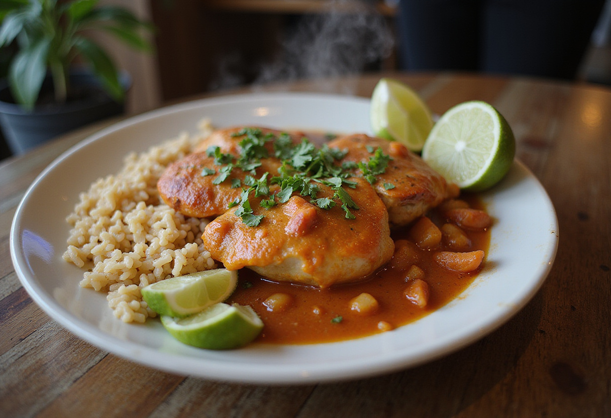 Cazuela de pollo y arroz terminada, lista para disfrutar en la mesa.