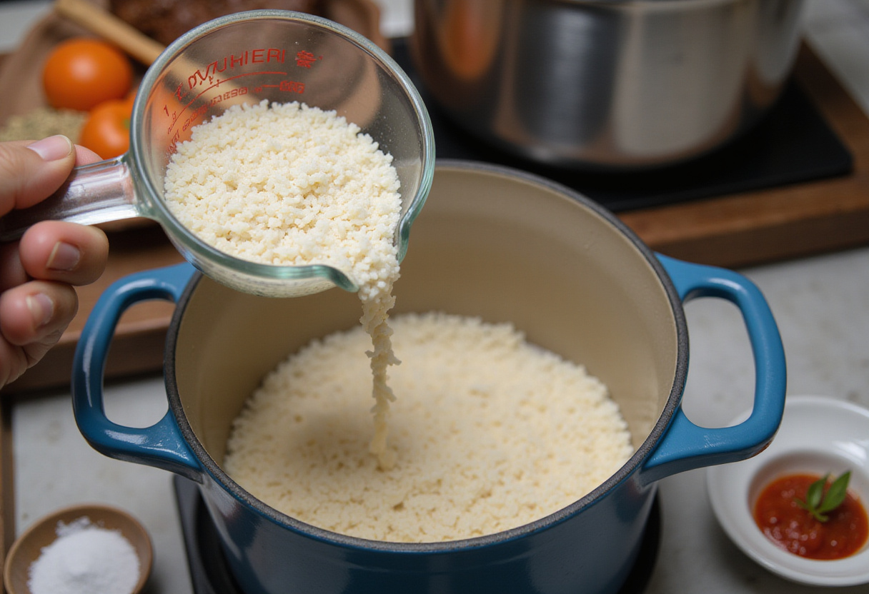 Agregando arroz crudo a la cazuela de pollo y arroz en la cocina.