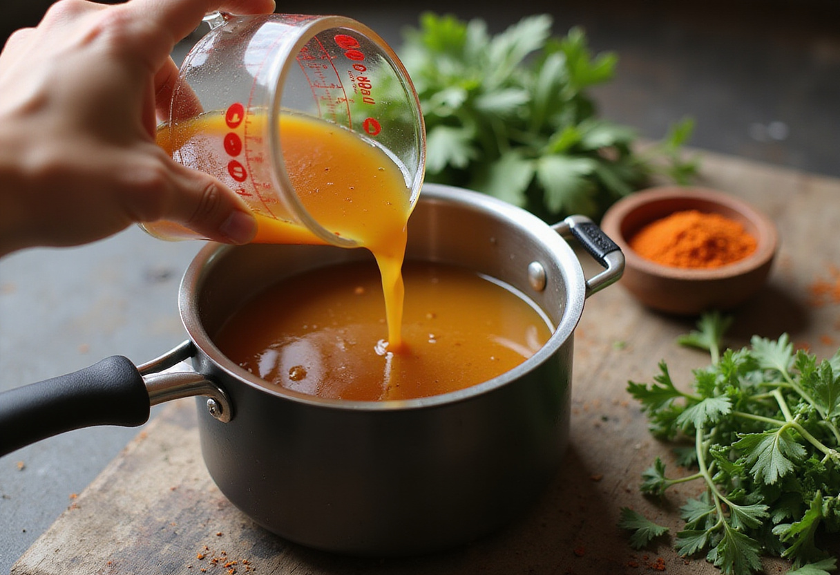 Vierte caldo en la cazuela de pollo y arroz mientras se prepara el platillo.