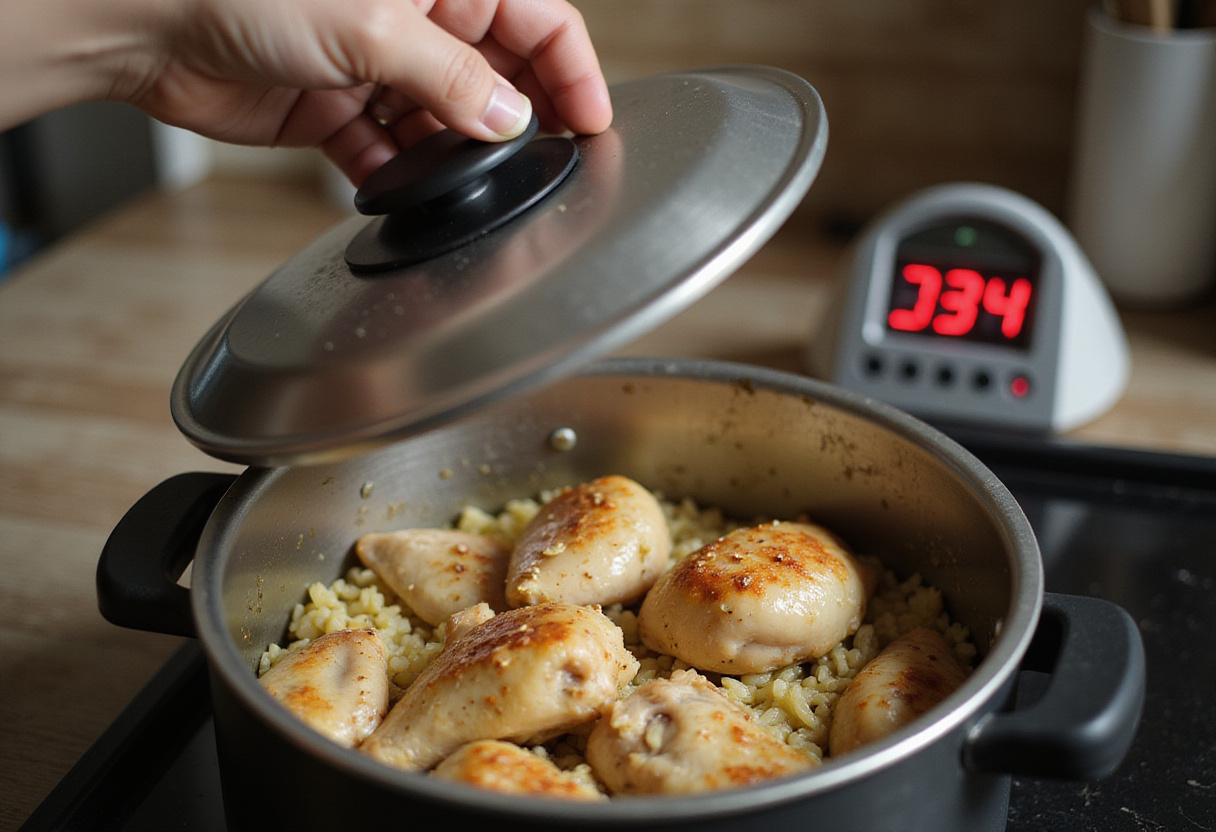 Tapando la cazuela de pollo y arroz mientras se cocina.