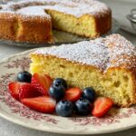 Porción de budín de pan sin horno, lista para servir con decoración de azúcar glas y frutas frescas.