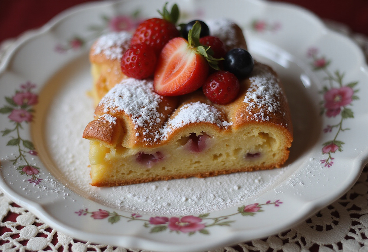 Porción de budín de pan sin horno, lista para servir con decoración de azúcar glas y frutas frescas.