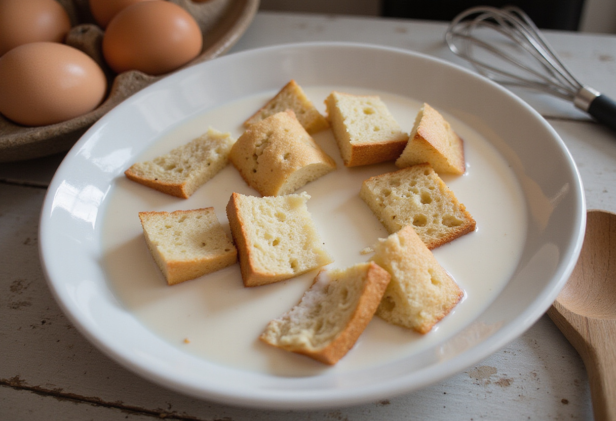 Trozos de pan remojándose en leche para preparar budín de pan sin horno.