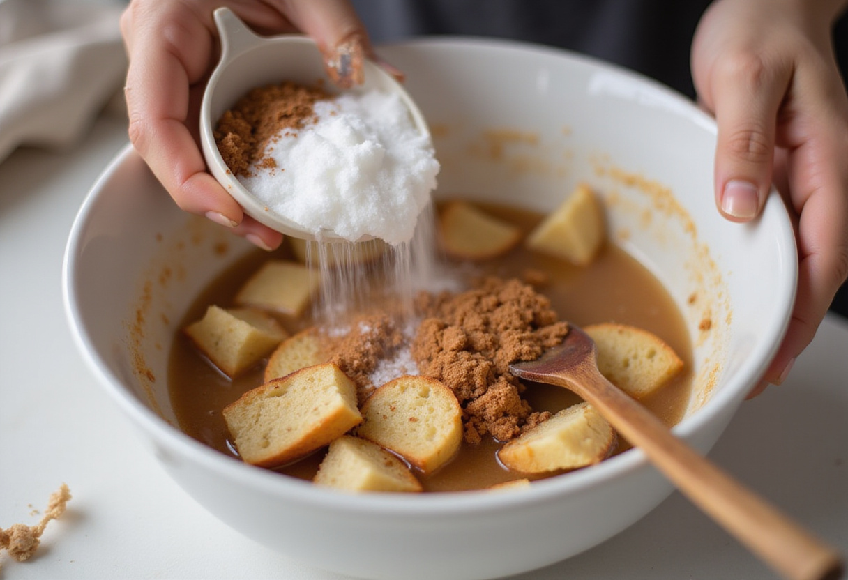 Mezcla de azúcar y canela en el budín de pan sin horno.
