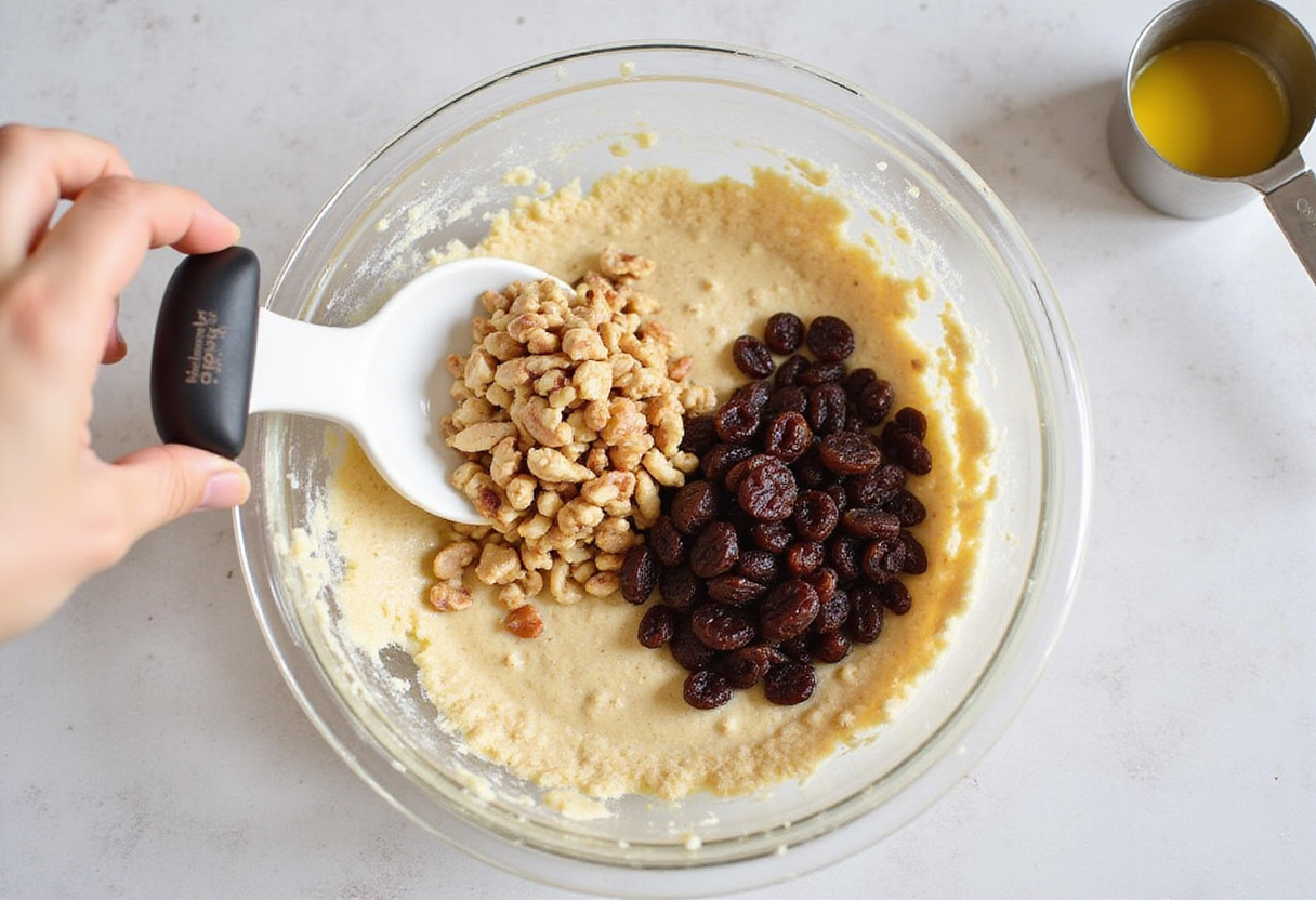 Pasas y nueces incorporadas en la mezcla del budín de pan sin horno.