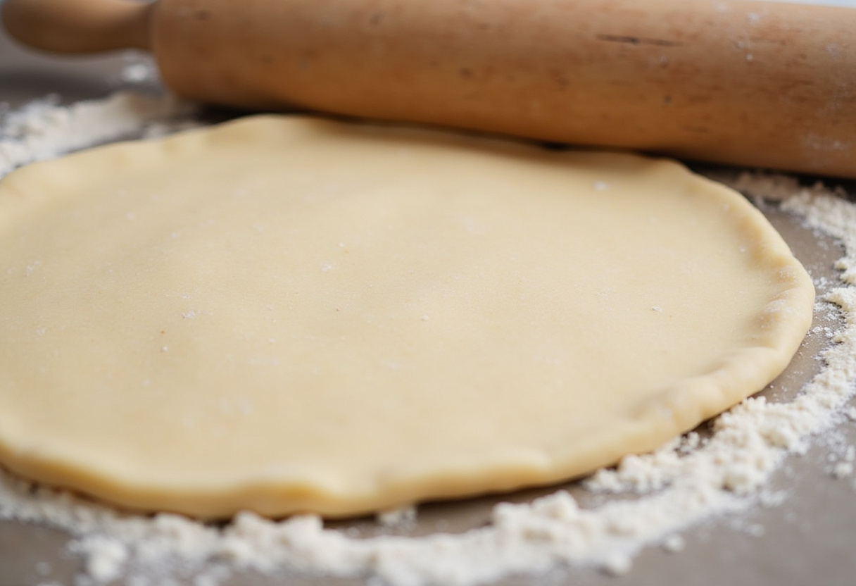 Masa para tarta siendo extendida para la preparación del quiche fácil.