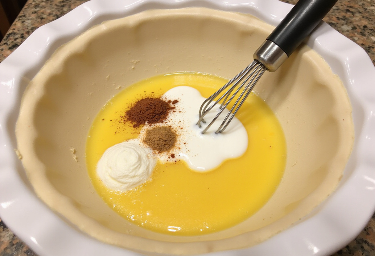 Mezcla de huevo y nata preparada para el relleno del quiche fácil.