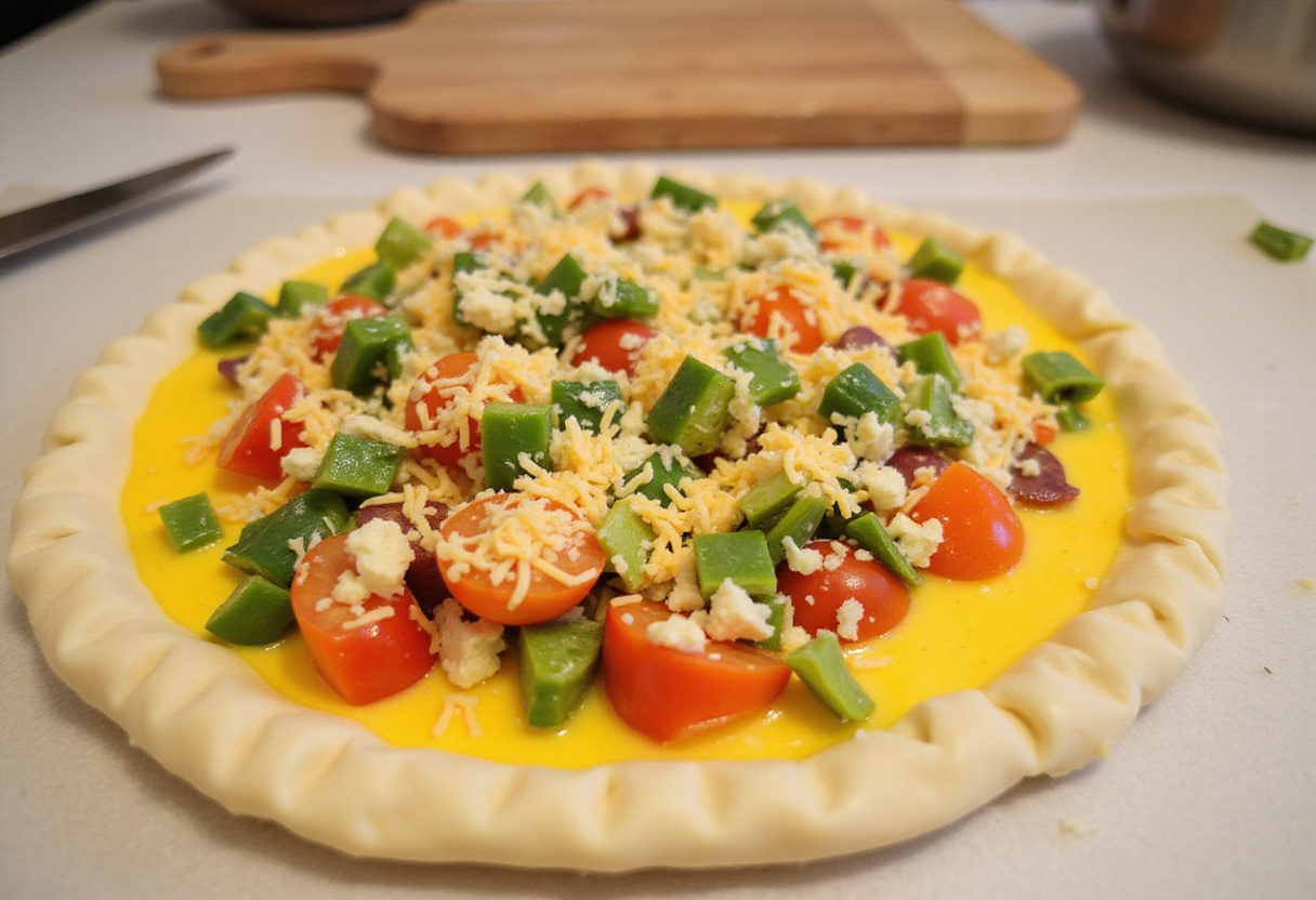 Verduras y queso añadidos a la masa para tarta para la receta del quiche fácil.