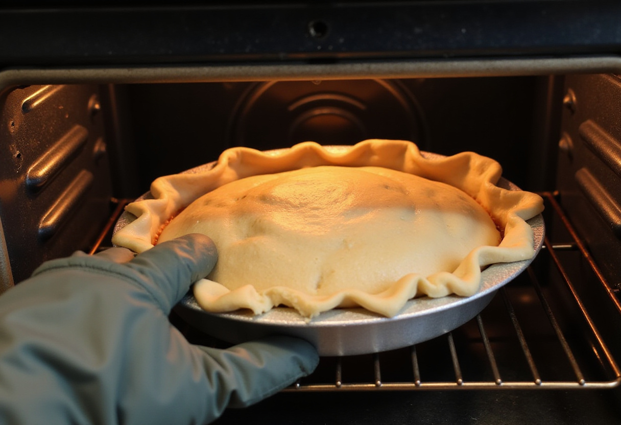 Quiche fácil relleno siendo colocado en el horno para hornear.