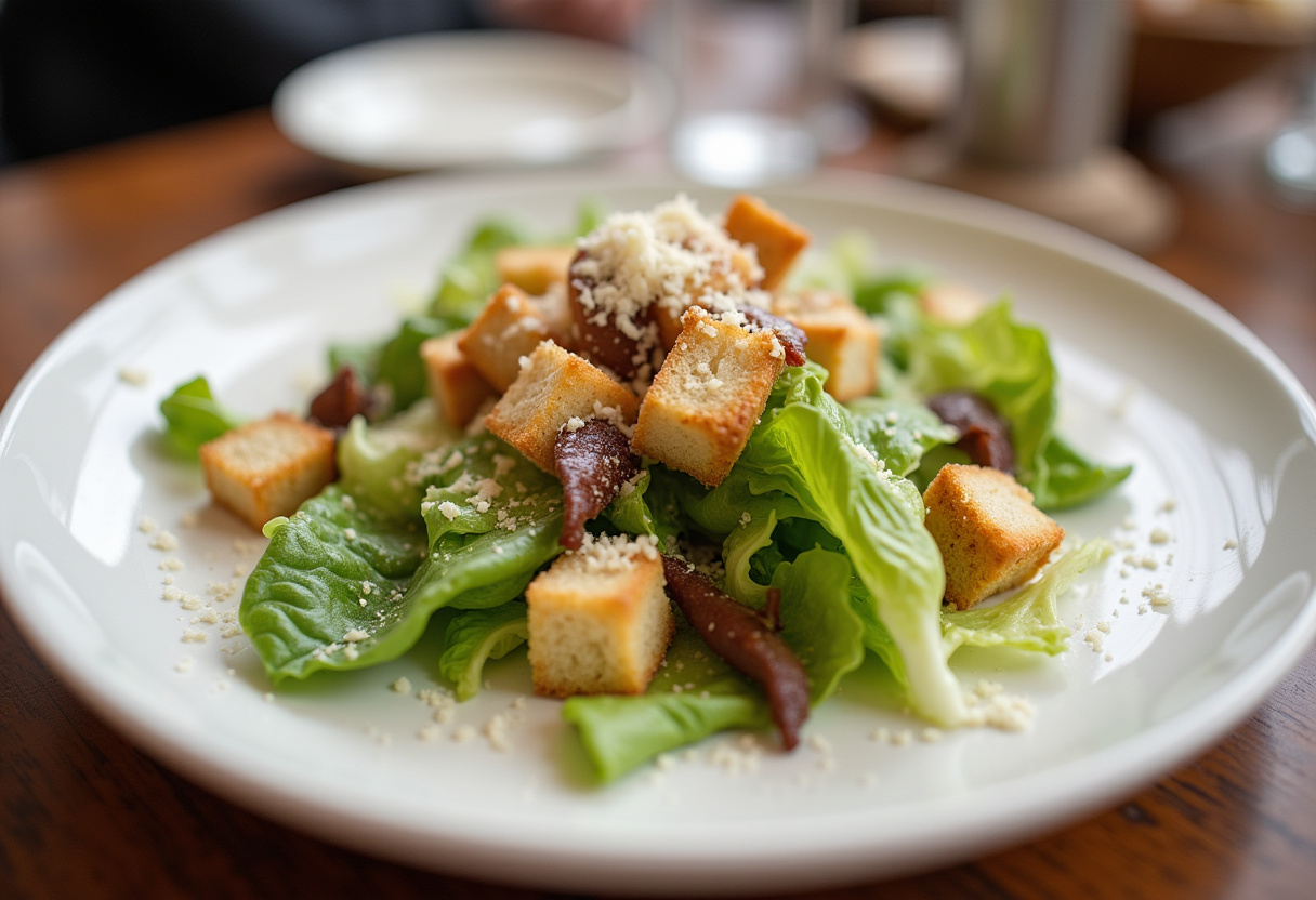 Finished ensalada césar with anchovies and croutons, a delicious homemade recipe.