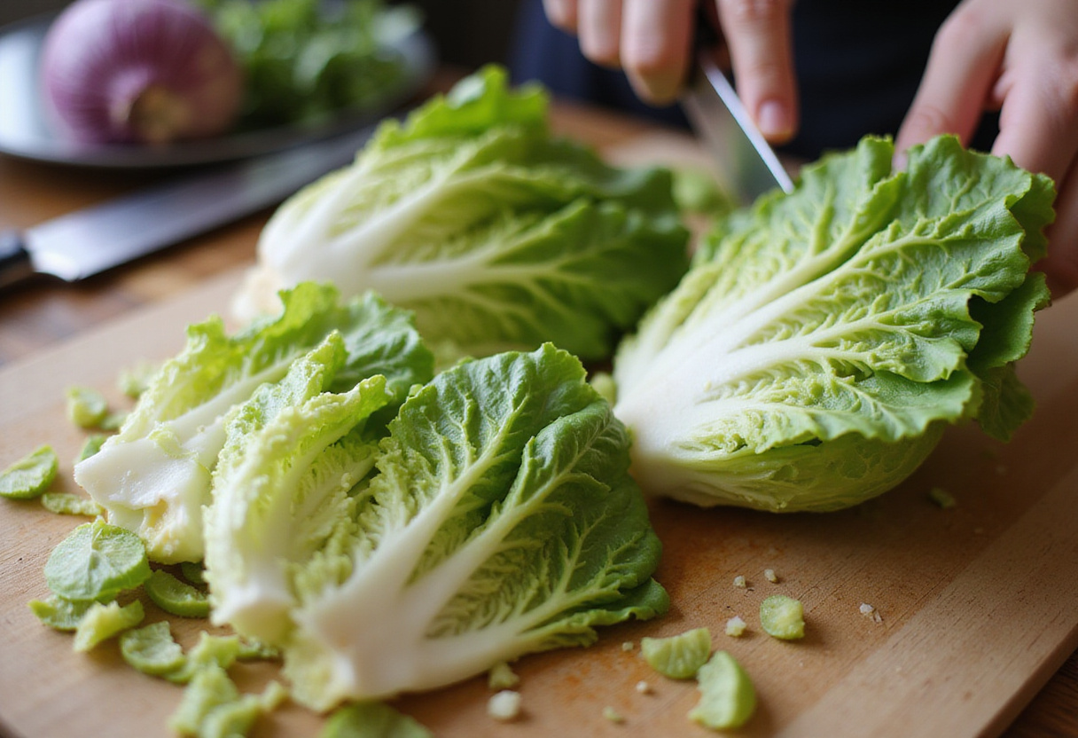 Fresh romaine lettuce being chopped for ensalada césar recipe.