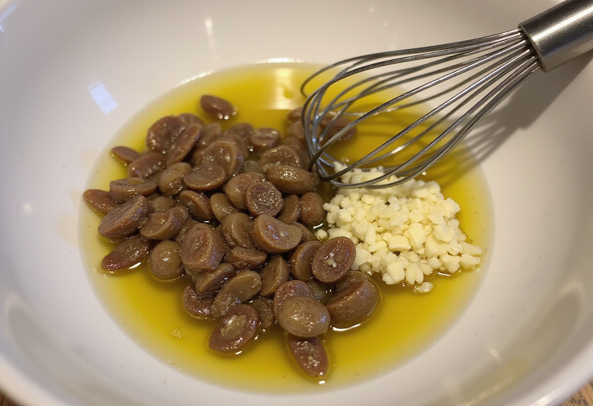 Mixing anchovy dressing ingredients for classic ensalada césar casera.