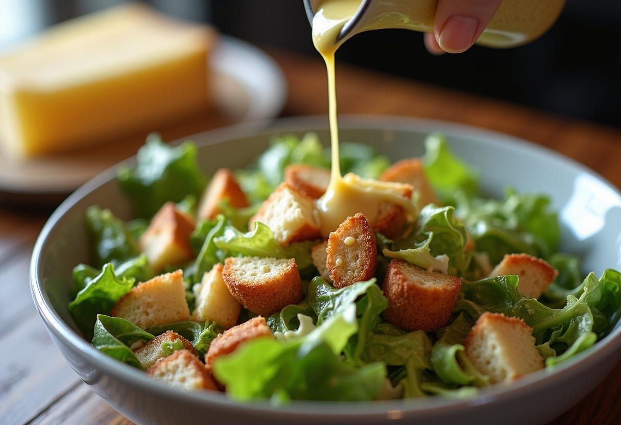 Drizzling anchovy dressing over romaine and croutons for ensalada césar fácil.