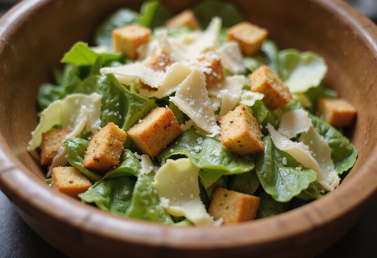 Tossing ingredients together for classic ensalada césar con anchoas.
