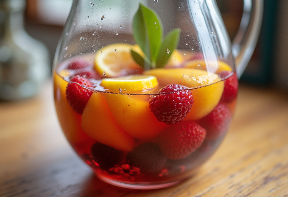 Maceración de frutas en agua para la bebida refrescante de aguas infusionadas.
