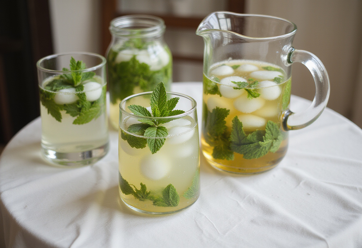 Estación de bebidas refrescantes con aguas infusionadas al estilo Watertok para servir.