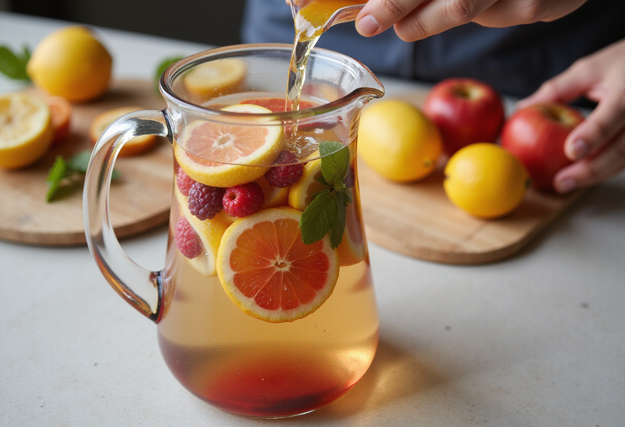 Adding fresh fruits to the water for delicious flavored aguas infusionadas.