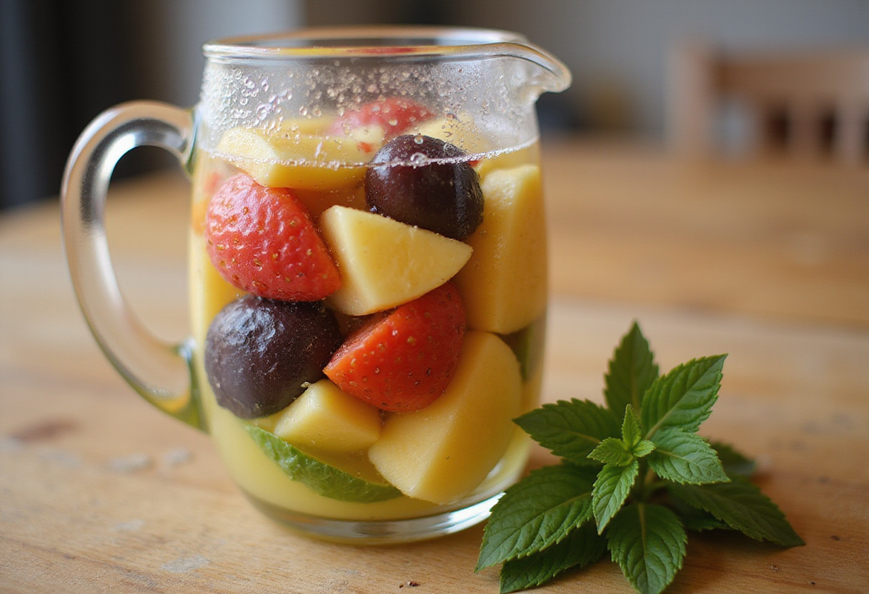 Fruits and mint leaves infusing in water for refreshing aguas infusionadas recipe.