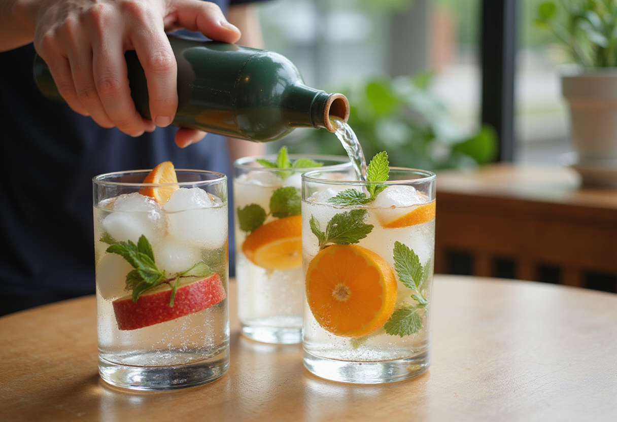 Pouring refreshing aguas infusionadas into glasses with ice and fruit garnishes.