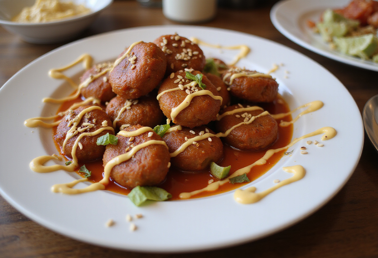 Deliciously plated albóndigas BBQ coreanas with spicy mayonnaise dip, ideal for serving at meals.