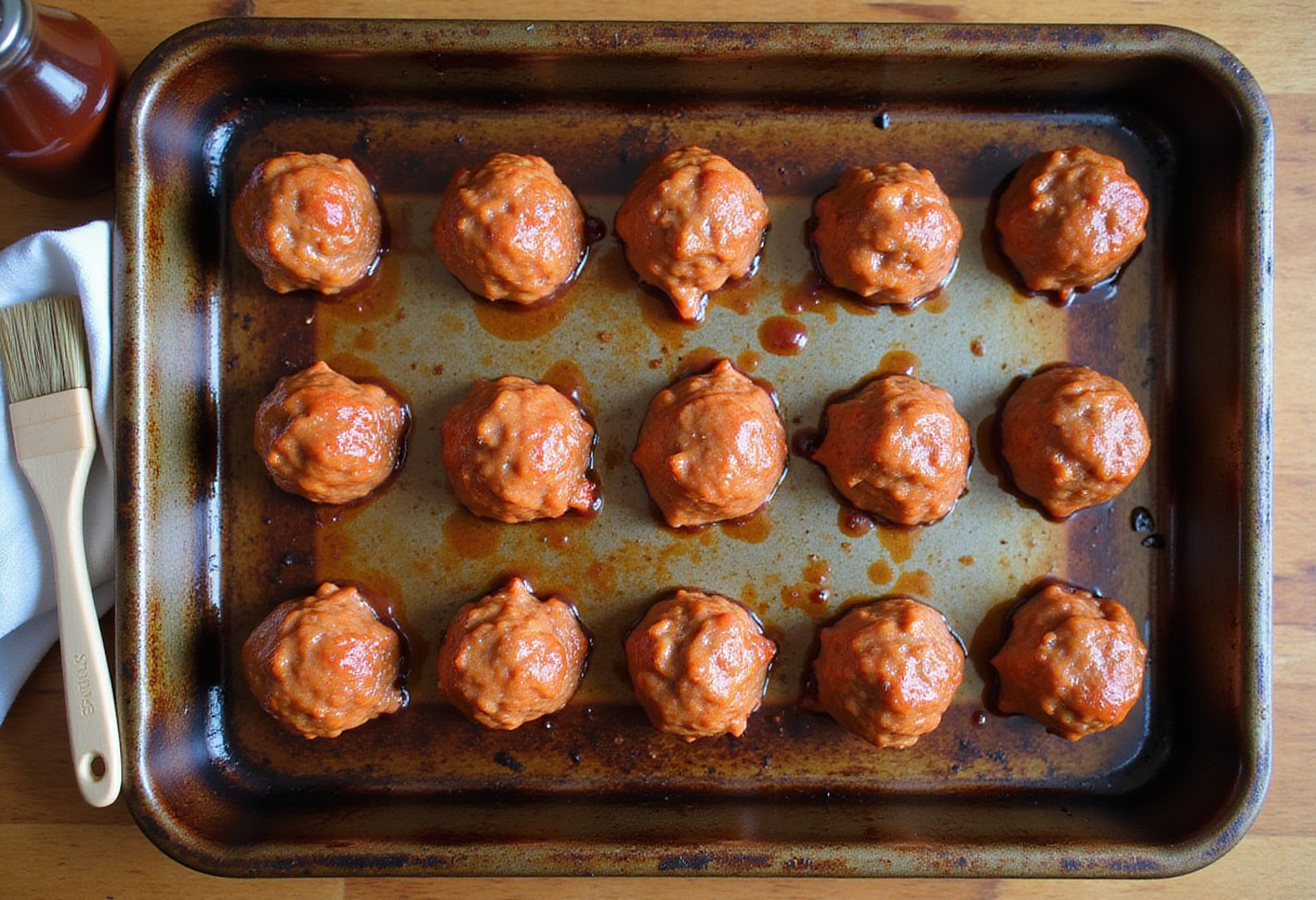 Raw albóndigas BBQ arranged on a baking tray, ready to be cooked for Korean BBQ meatballs.