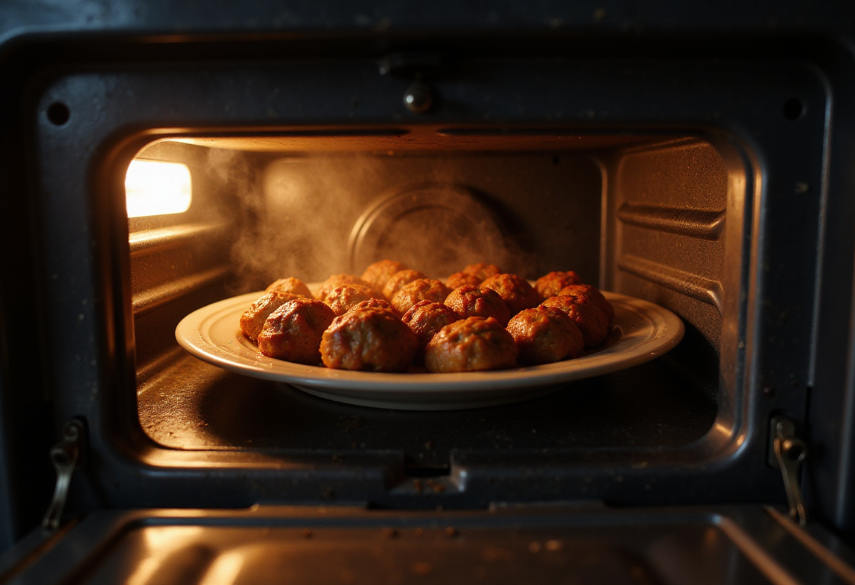 Korean BBQ meatballs baking in the oven, filling the kitchen with a savory aroma.