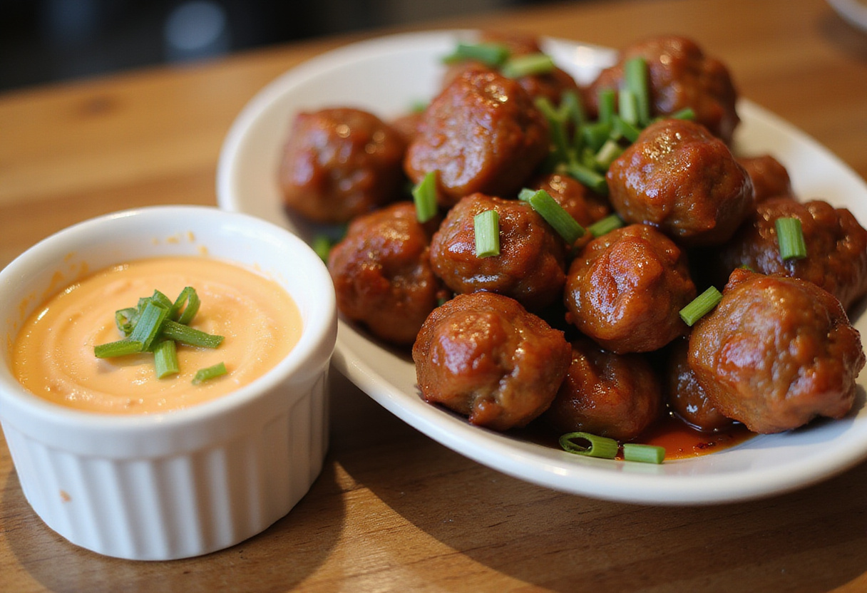 Spicy mayonnaise dip next to albóndigas coreanas, perfect for dipping with the meatballs.