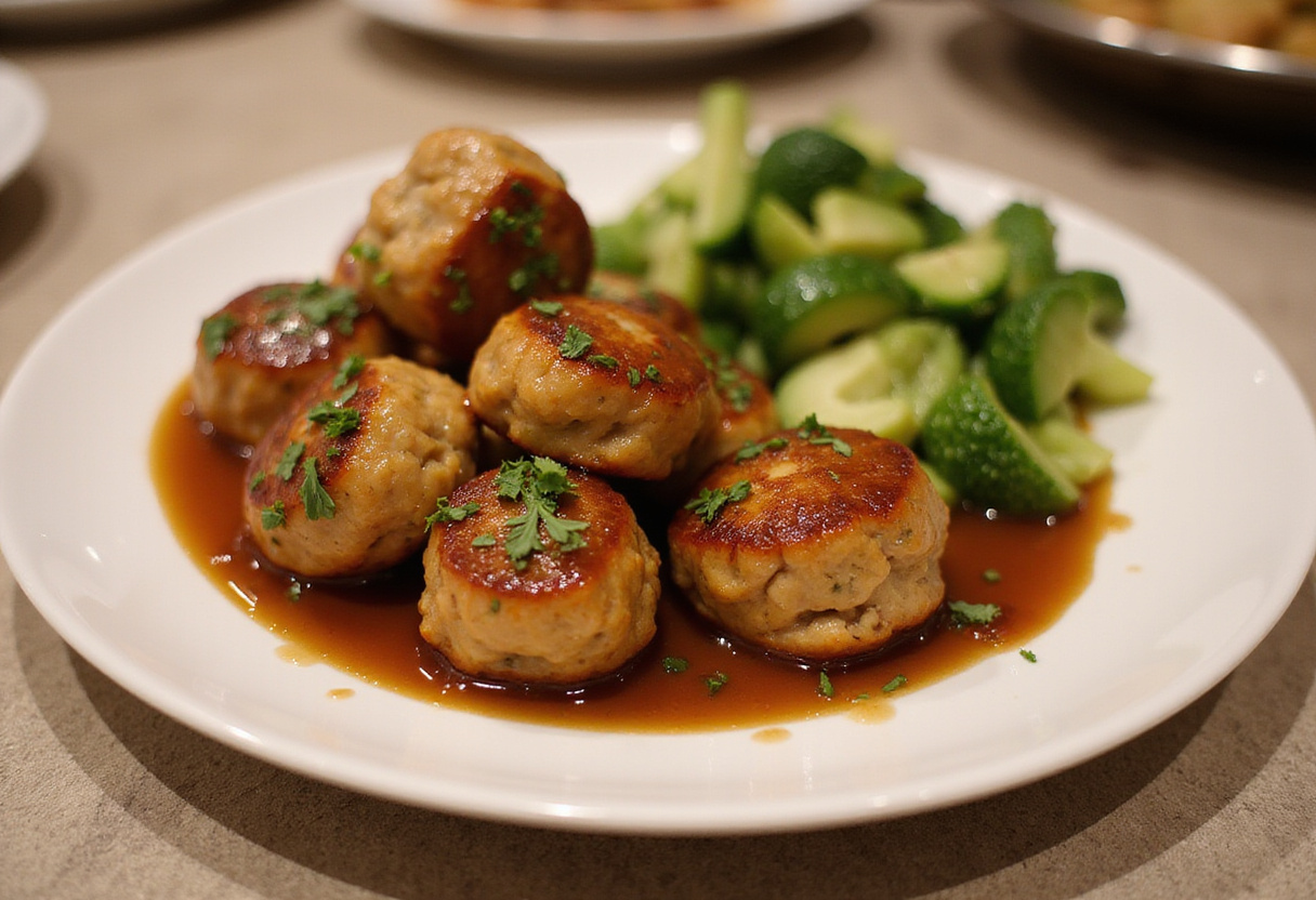 Plato final de albóndigas de pavo con miel y ajo, mostrando una deliciosa comida principal fácil y saludable.