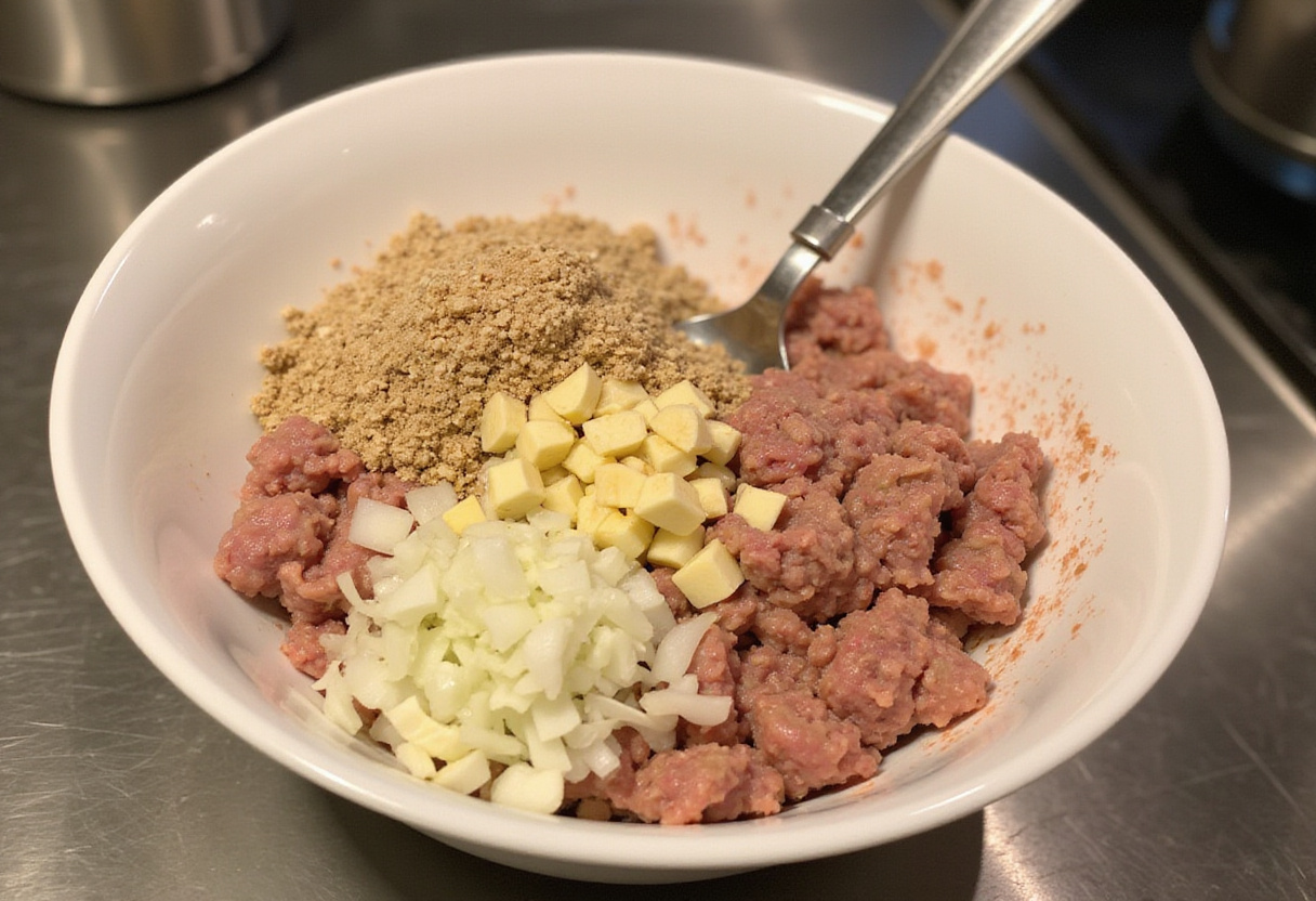Mezcla de albóndigas de pavo con ajo y cebolla en un tazón para receta de albóndigas saludables.