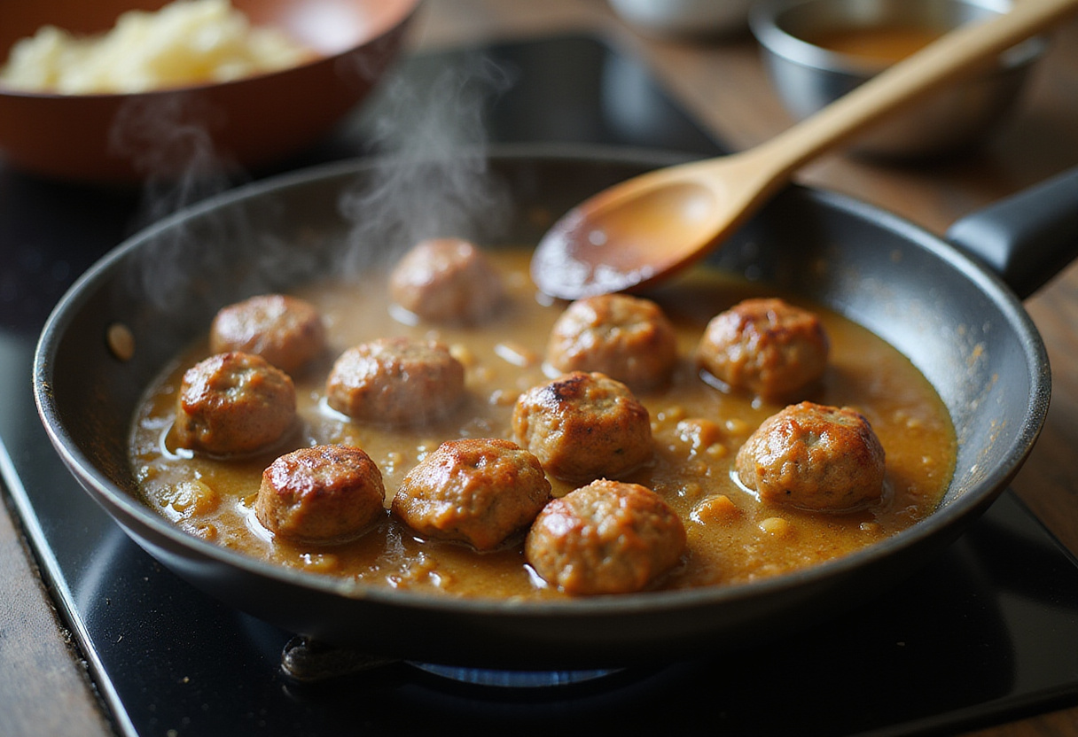 Albóndigas de pavo cocinándose en una salsa de miel y ajo en una sartén para cocinar platos principales fáciles.