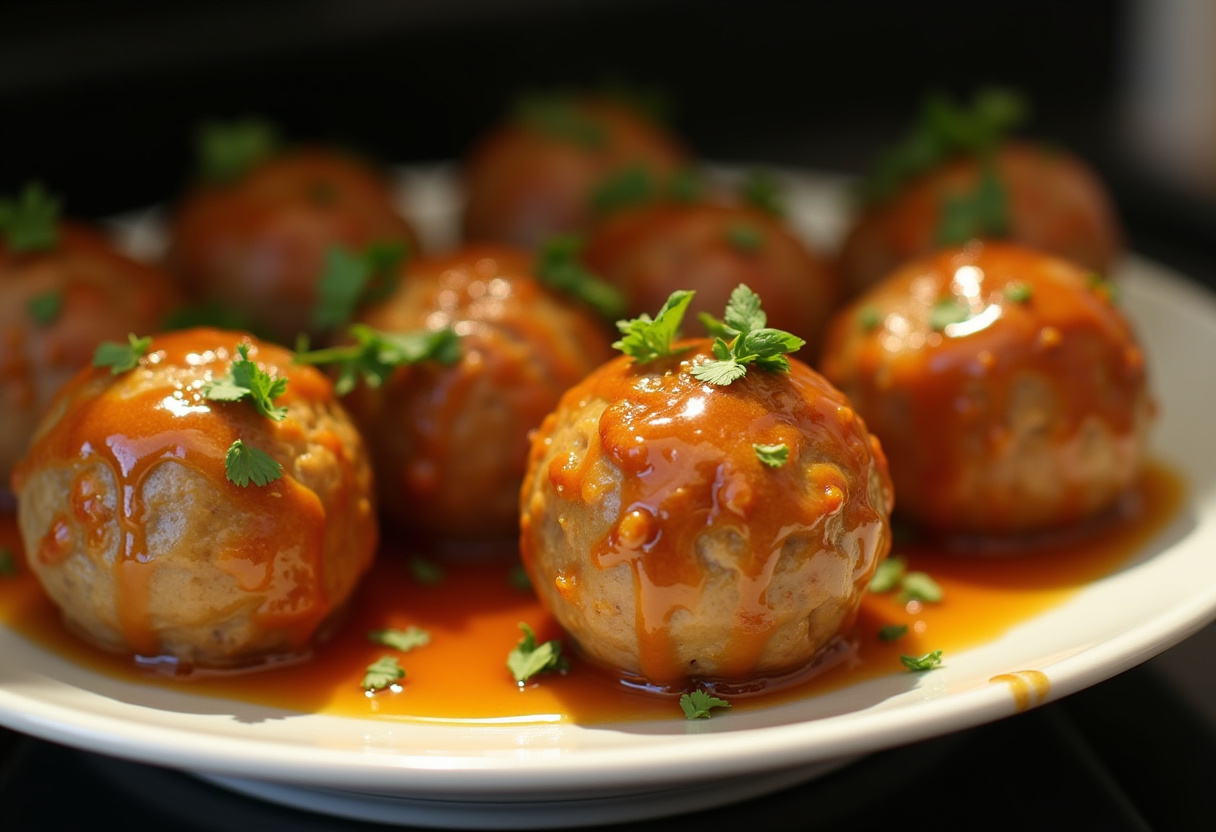 Albóndigas de pavo horneadas listas para servir, mostrando la proteína con miel y ajo.