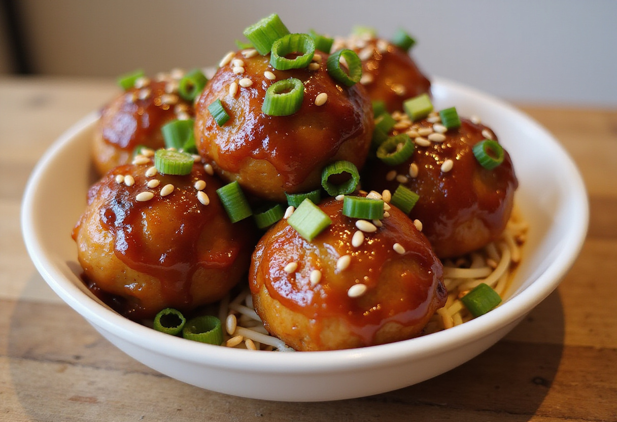 Albóndigas de pollo teriyaki dulces y saladas, decoradas con semillas de sésamo y cebollín.