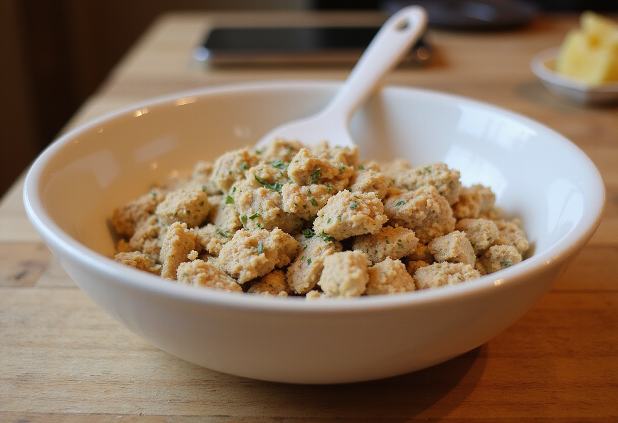 Receta de albóndigas con pollo, pan rallado y hierbas en un bol de mezcla.