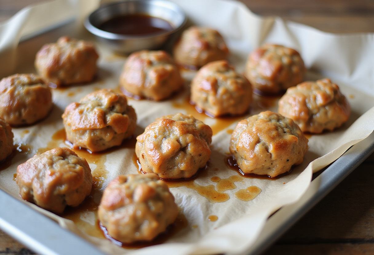 Albóndigas de pollo formadas en una bandeja, preparadas para la salsa teriyaki.