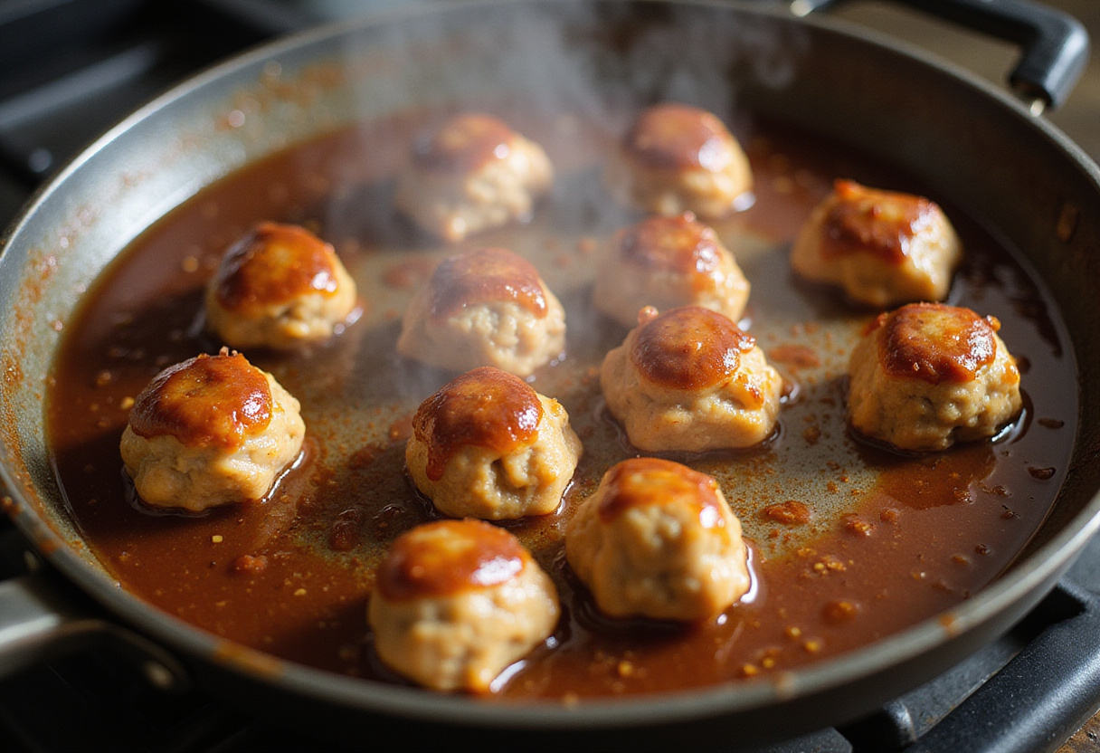 Mezclando albóndigas de pollo teriyaki en una olla con salsa espesa y aromática.