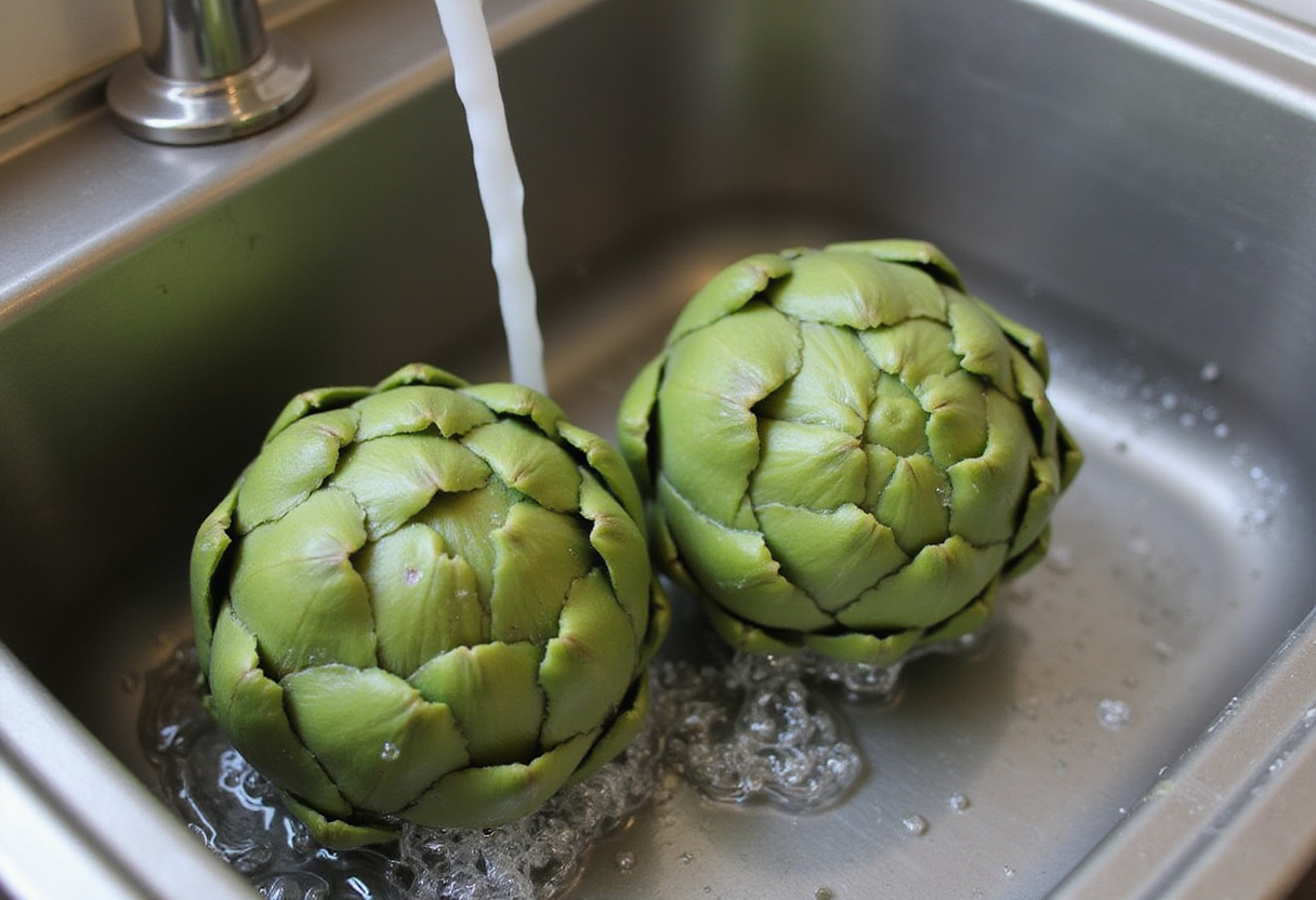 Alcachofas frescas siendo enjuagadas para la receta de alcachofas al horno.