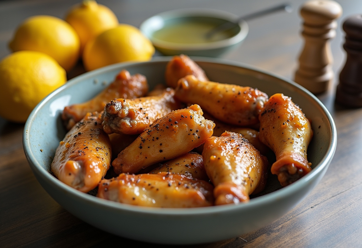 Marinando alitas de pollo al limón para la receta de alitas de pollo al limón.
