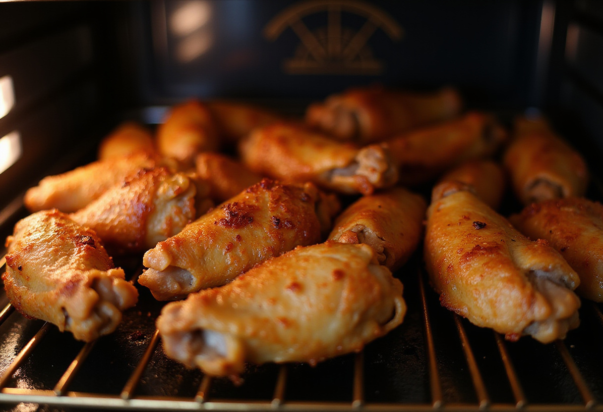 Alitas de pollo al limón y pimienta cocinándose en el horno para la receta de alitas al horno.