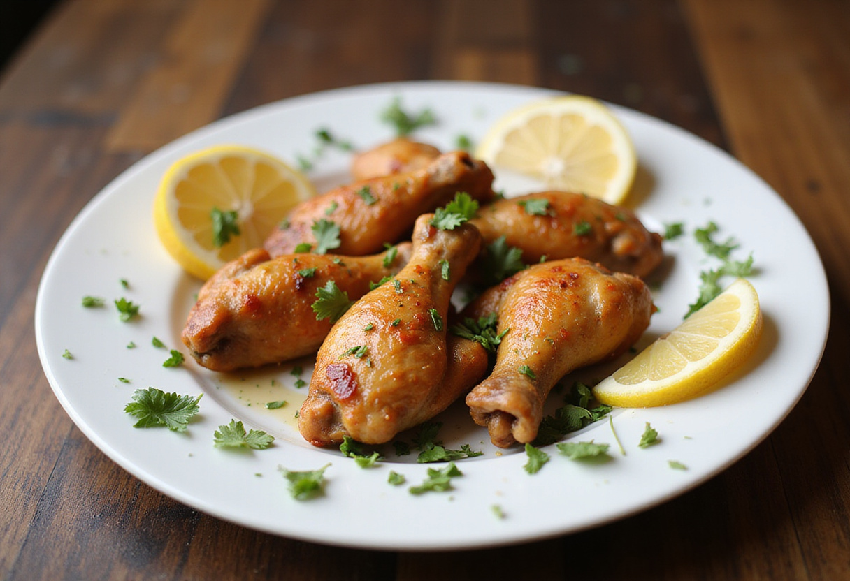 Presentación de alitas de pollo al limón con miel en un plato decorado con hierbas frescas.