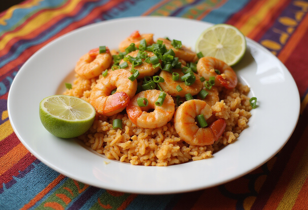 Plato final de arroz frito con camarones, listo para disfrutar, acompañado de gajos de lima.