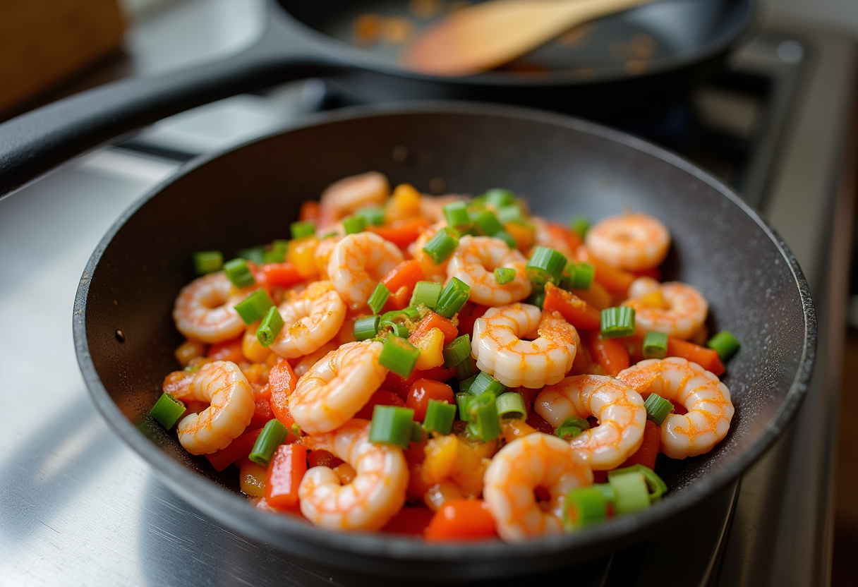 Ingredientes para arroz frito con camarones, incluyendo camarones, pimientos y cebollinas.