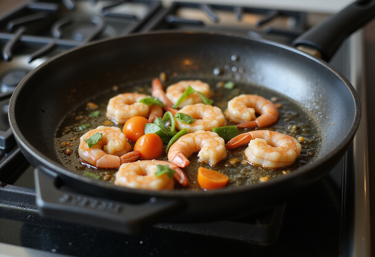 Camarones y verduras salteándose en una sartén para la receta de arroz frito con camarones.