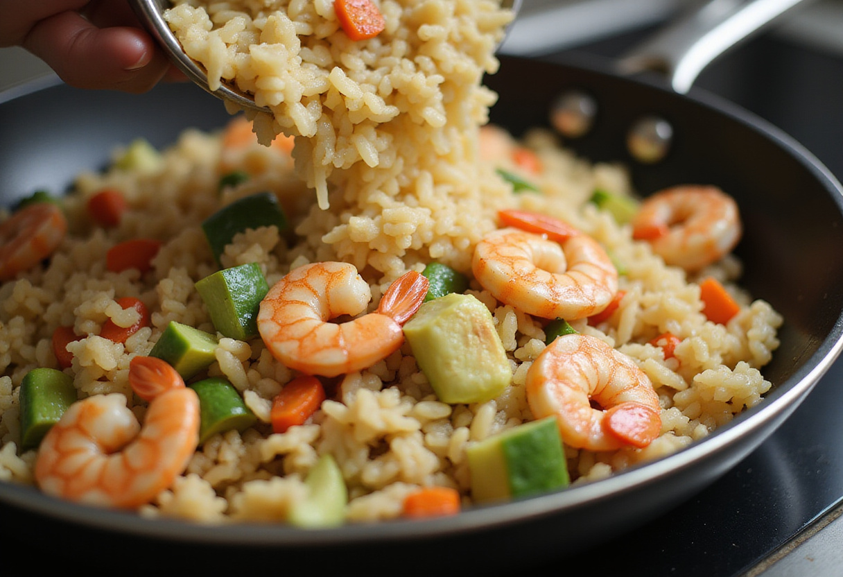 Arroz siendo mezclado con camarones y verduras en la preparación de arroz frito.